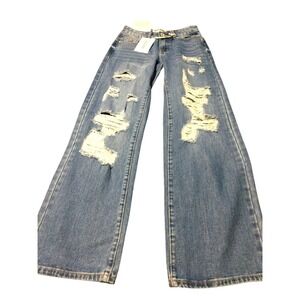 Disclosure Low Rise Wide Leg Distressed Jeans NYC Leopard Patch Blue 00/23